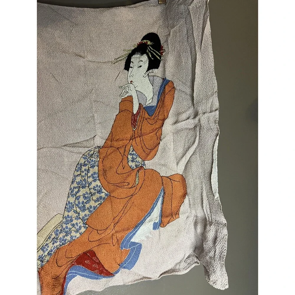 Handmade Japanese Geisha Woman Embroidery Tapestry Panel Orange Kimono Medium